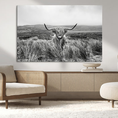 A black and white portrait of a Highland cow in a foggy Scottish countryside, capturing a rustic aesthetic and tranquil farm escape.