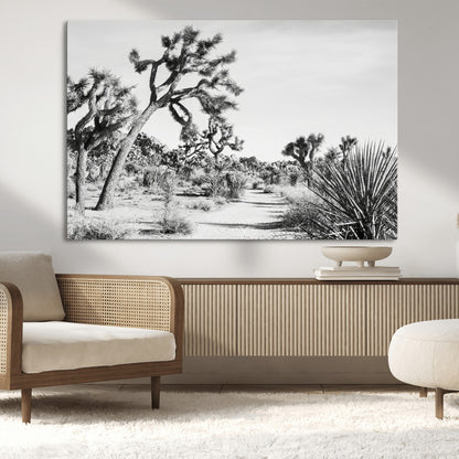 Canvas of a Joshua Tree forest in black and white tones, featuring a desert path and spiky vegetation, ideal for minimalist or rustic decor.