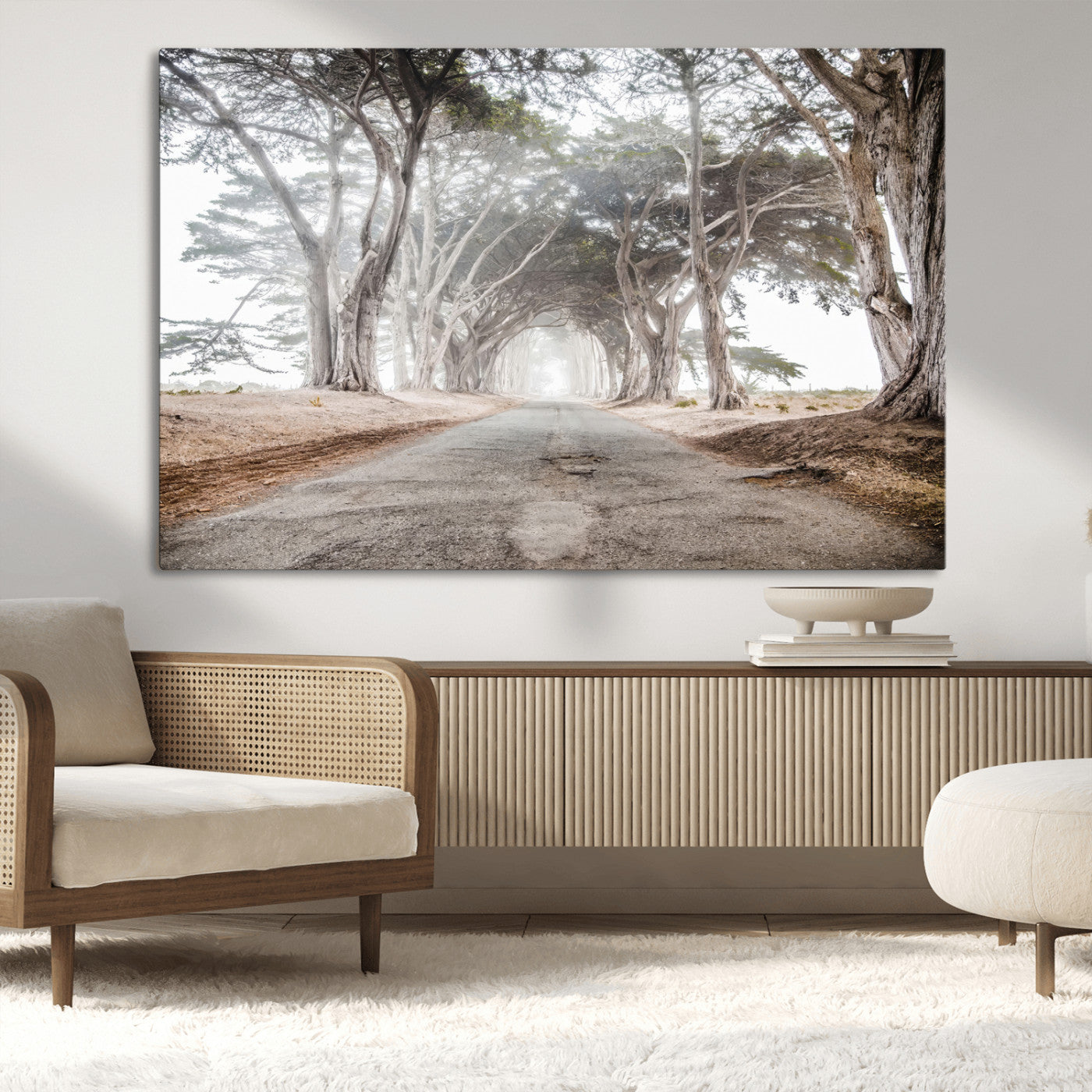 Canvas of a misty tree tunnel with arching cypress trees and an earthy road, ideal for rustic or coastal nature decor.
