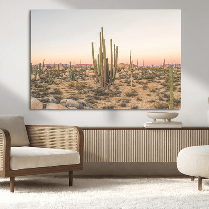 Canvas of tall desert cacti in warm sunset tones over a rocky Baja landscape, ideal for earthy or Southwestern-style home decor.