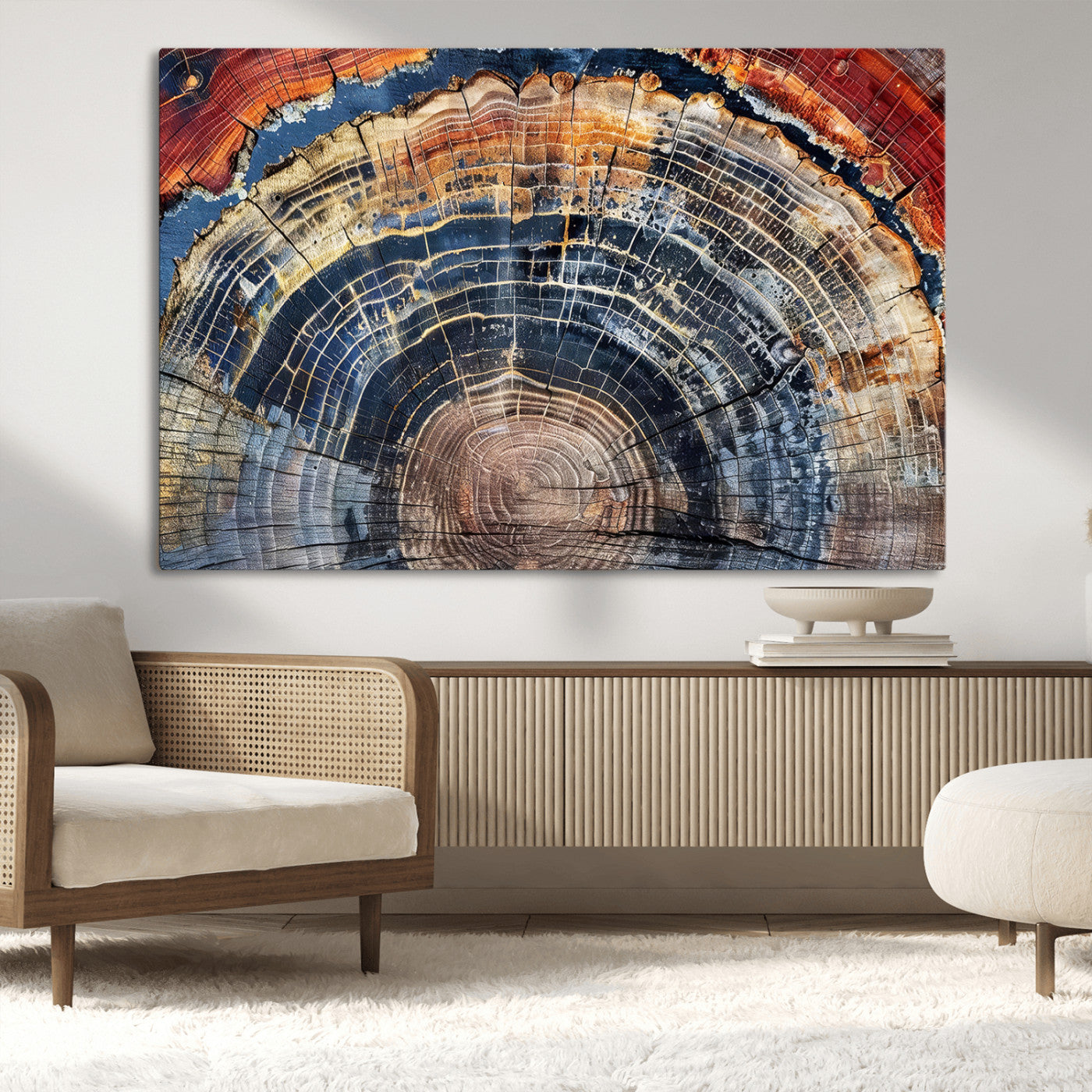 Vibrant tree ring with orange, brown, and blue tones in abstract detail, perfect for rustic or boho-inspired wall decor.