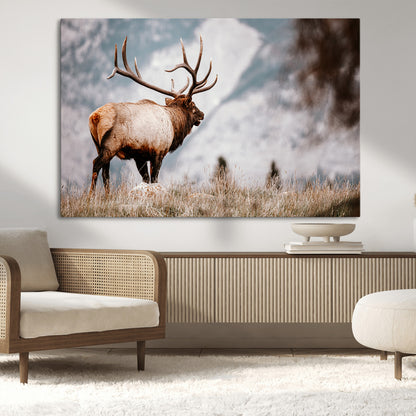 Majestic elk with large antlers standing in grass with snowy mountains in background, perfect for rustic cabin or lodge style decor.