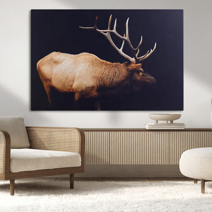 Side view of a majestic elk with large antlers against dark background, perfect for rustic lodge or cabin style home decoration.