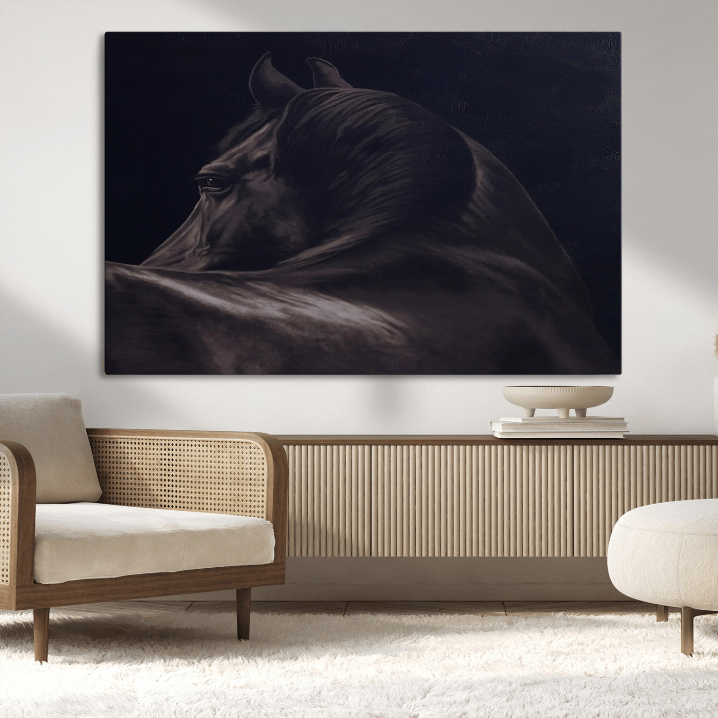 Close-up of a black horse with dramatic lighting on a dark background, perfect for rustic or masculine home decor.