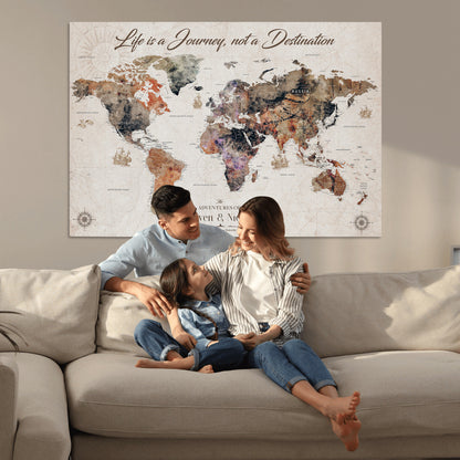 96000140-MGV-CV-36X24-Custom Push Pin World Map Wall Canvas Print – Personalized Travel Tracker with Pins – Framed Large Multi-Size Canvas for Home Office Decor