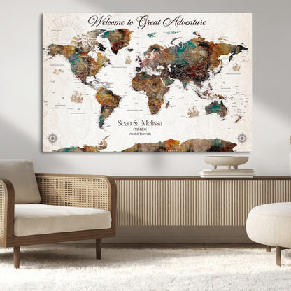 92462592-MGV-CV-36X24-Customize Push Pin World Map Wall Canvas Print – Personalizable Travel World Map with Pins – Framed Personalized Map Print for Couple Gift - H31