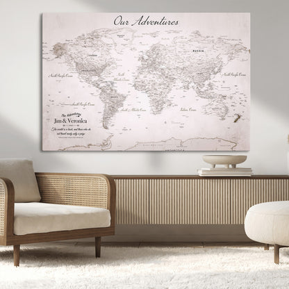 Customize Push Pin World Map Wall Canvas Print – Personalized Travel Map with Foam Pins – Framed Custom Quotie Canvas for Home Office Decor