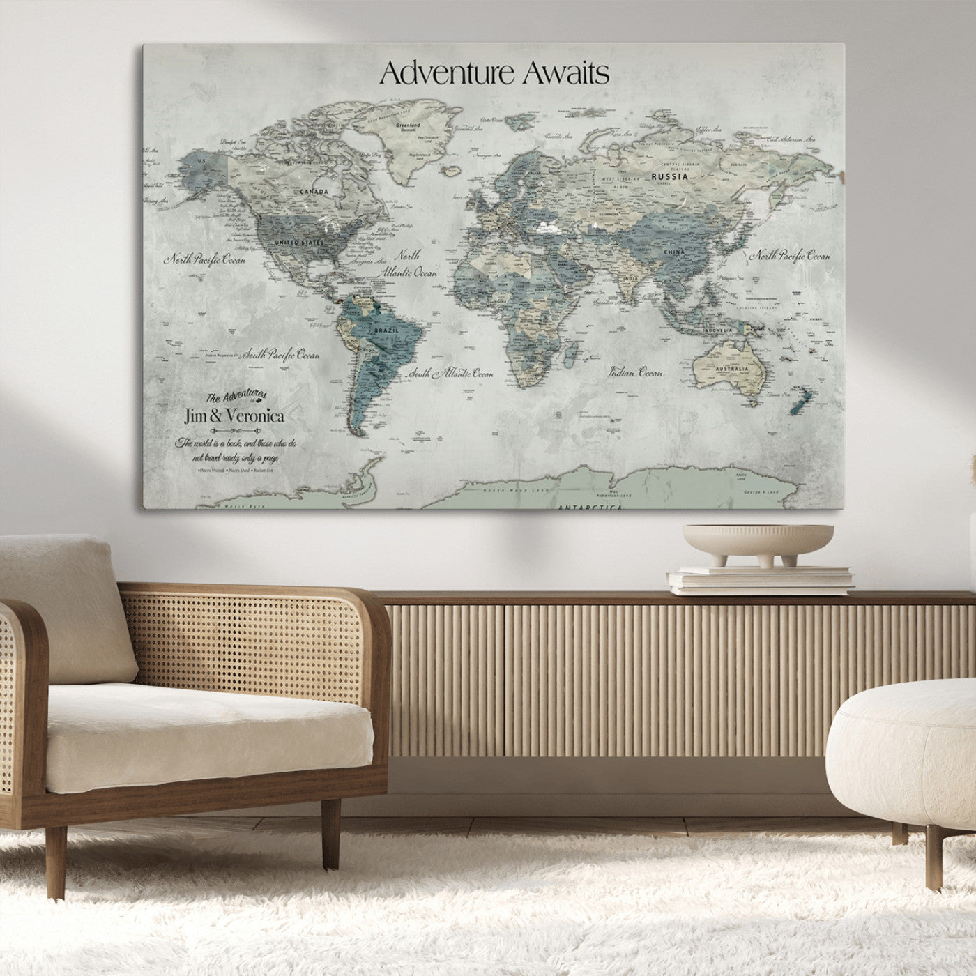 Customize Push Pin World Map Wall Canvas Print – Personalized Travel Tracker with Pins – Framed Custom Quotie Canvas for Home Office Decor