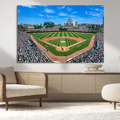 A wide-angle shot of a baseball field filled with spectators, with players on the field and the iconic Wrigley Field scoreboard in the background.