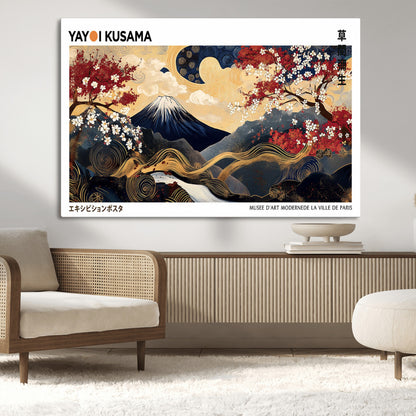 An artwork by Yayoi Kusama featuring Mount Fuji, blooming cherry blossoms, and swirling patterns in a harmonious blend of nature and art.