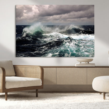 Powerful ocean waves crashing under stormy skies, creating a dynamic and intense seascape.