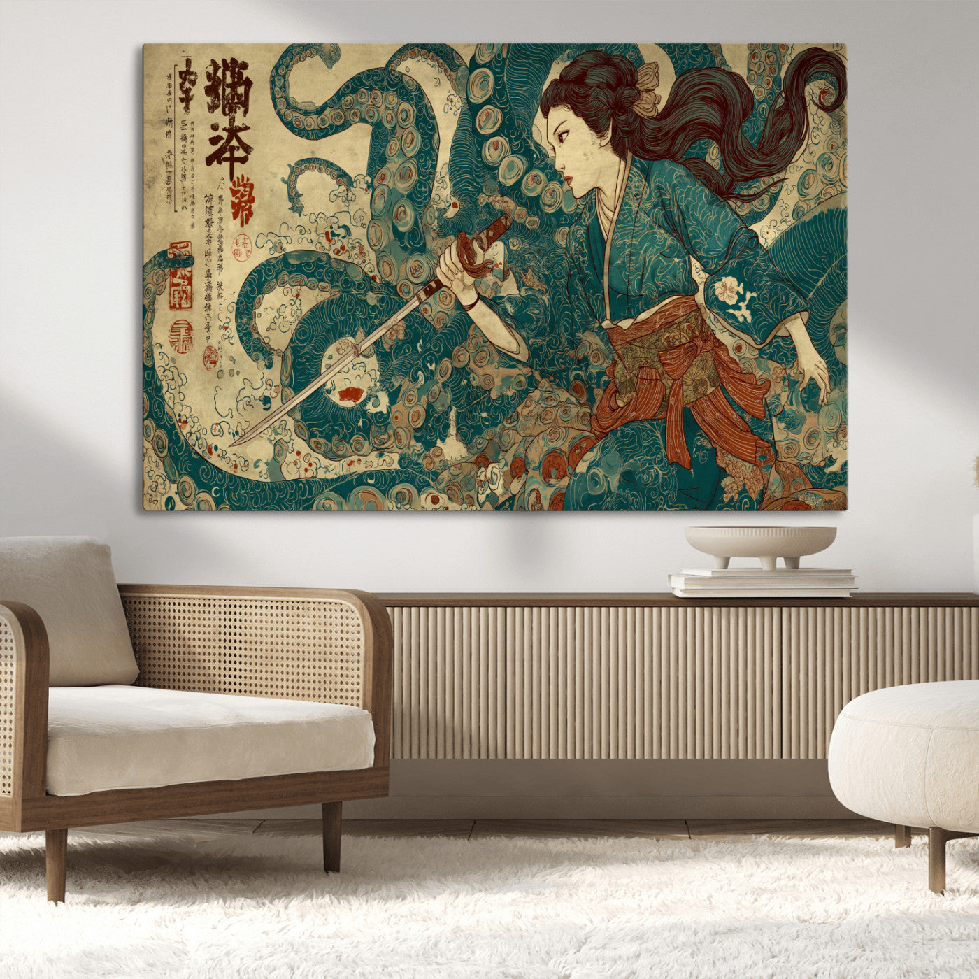 Tsukioka Yoshitoshi Samurai Wall Art Print, Japanese Katana Warrior Canvas Wall Art, Octopus Sea Monster Canvas Print,
