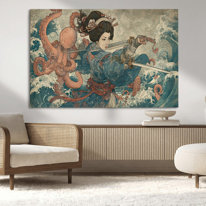 Tsukioka Yoshitoshi Samurai Wall Art Print, Japanese Katana Warrior Canvas Wall Art, Octopus Sea Monster Canvas Print,