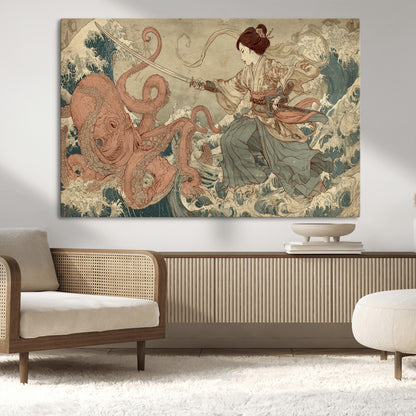 Tsukioka Yoshitoshi Samurai Wall Art Print, Japanese Katana Warrior Canvas Wall Art, Octopus Sea Monster Canvas Print,
