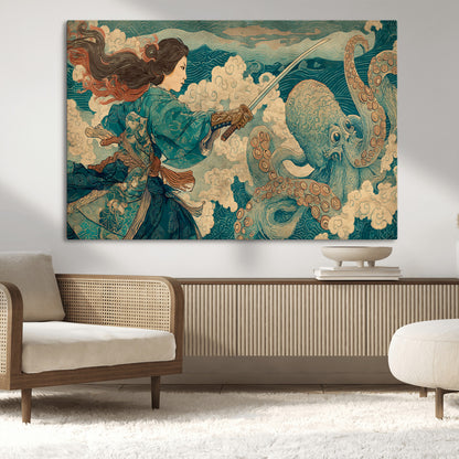 Tsukioka Yoshitoshi Samurai Wall Art Print, Japanese Katana Warrior Canvas Wall Art, Octopus Sea Monster Canvas Print,