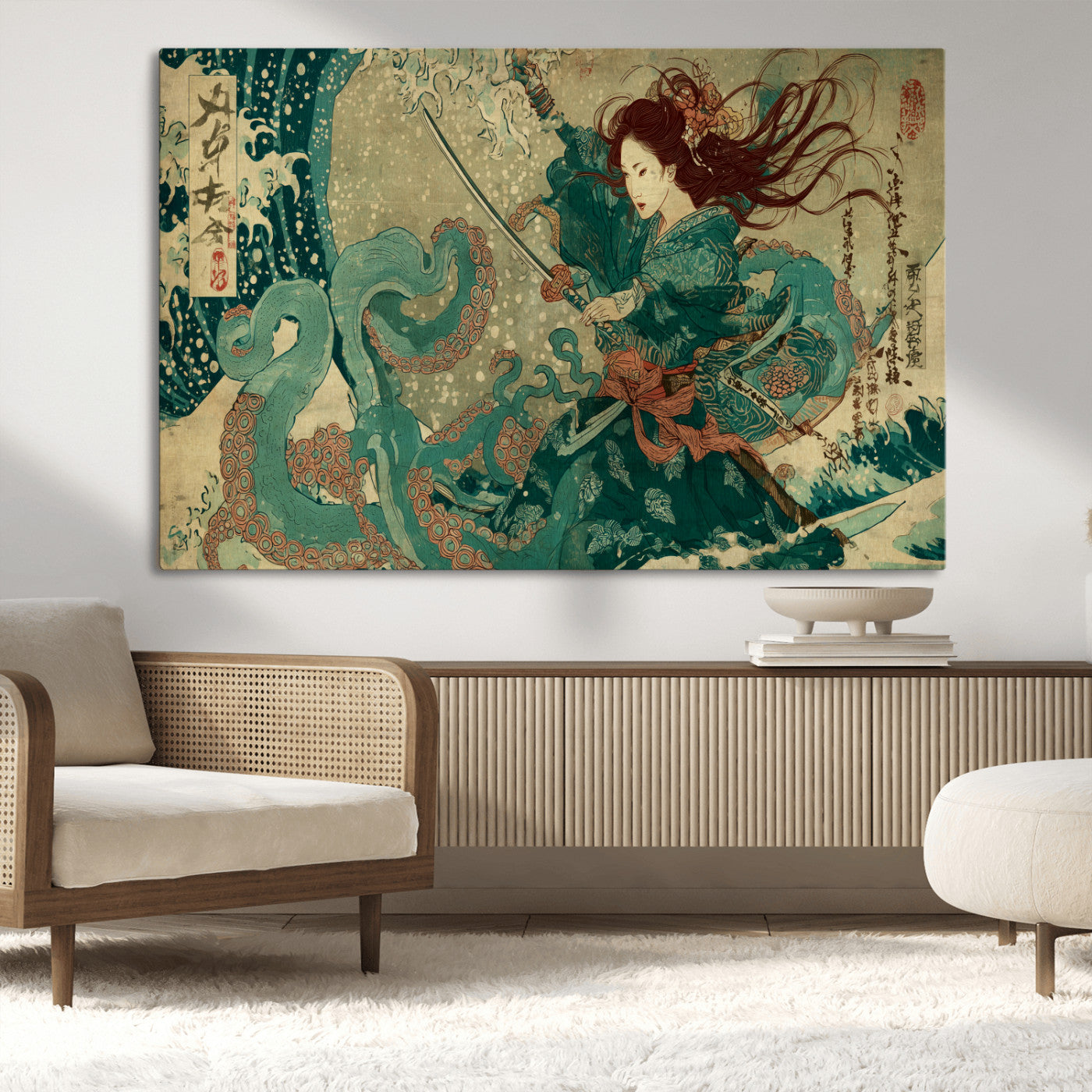 Tsukioka Yoshitoshi Samurai Wall Art Print, Japanese Katana Warrior Canvas Wall Art, Octopus Sea Monster Canvas Print,