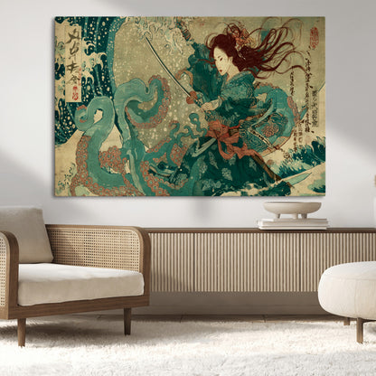 Tsukioka Yoshitoshi Samurai Wall Art Print, Japanese Katana Warrior Canvas Wall Art, Octopus Sea Monster Canvas Print,
