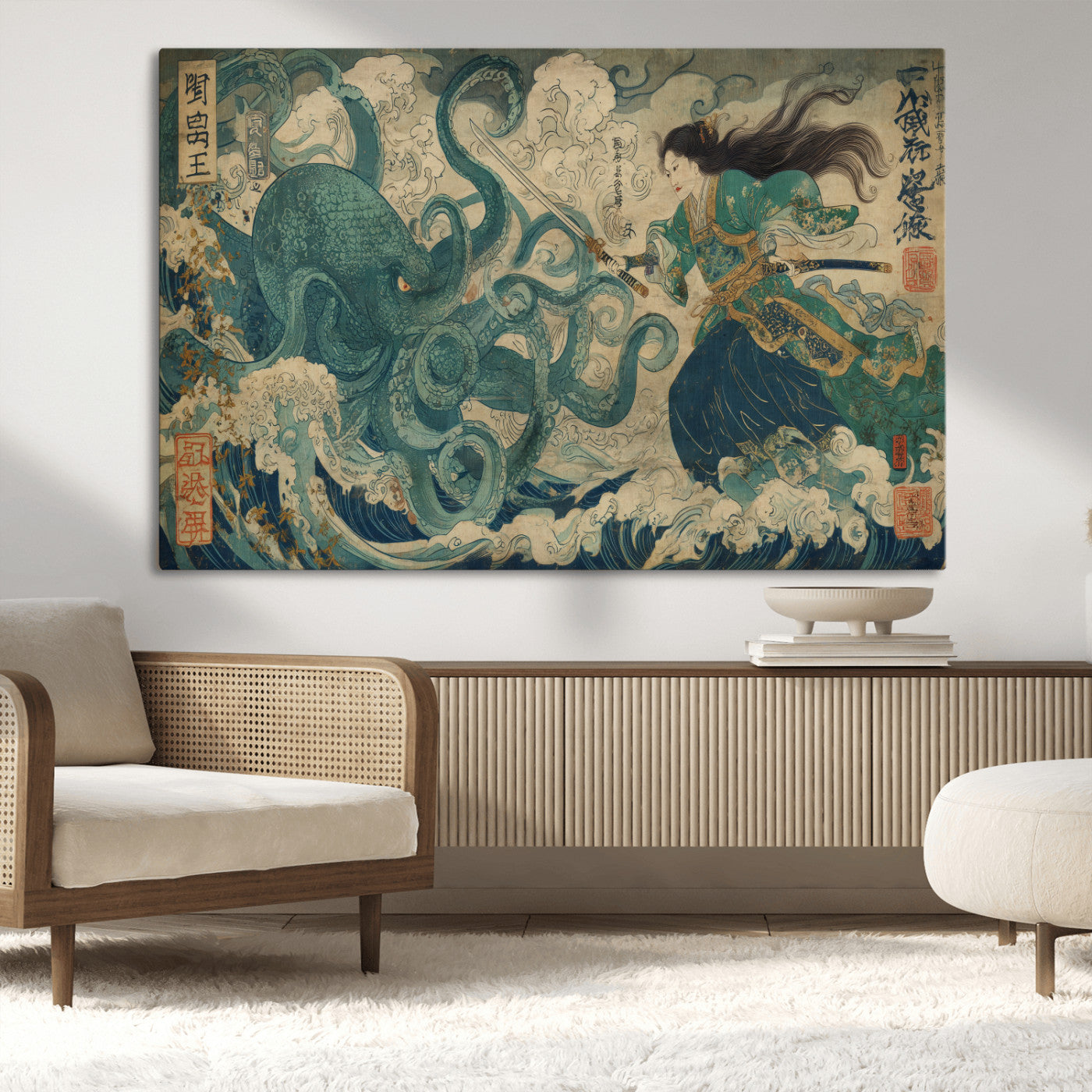 Tsukioka Yoshitoshi Samurai Wall Art Print, Japanese Katana Warrior Canvas Wall Art, Octopus Sea Monster Canvas Print,