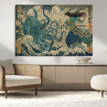 Tsukioka Yoshitoshi Samurai Wall Art Print, Japanese Katana Warrior Canvas Wall Art, Octopus Sea Monster Canvas Print,