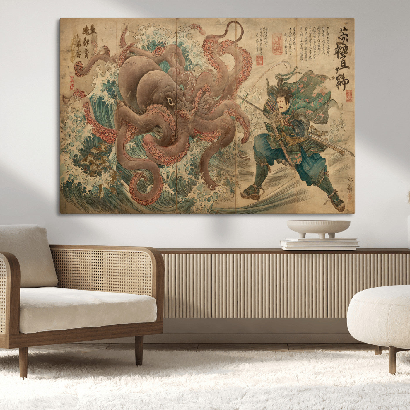 Tsukioka Yoshitoshi Samurai Wall Art Print, Japanese Katana Warrior Canvas Wall Art, Octopus Sea Monster Canvas Print,