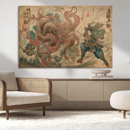 Tsukioka Yoshitoshi Samurai Wall Art Print, Japanese Katana Warrior Canvas Wall Art, Octopus Sea Monster Canvas Print,