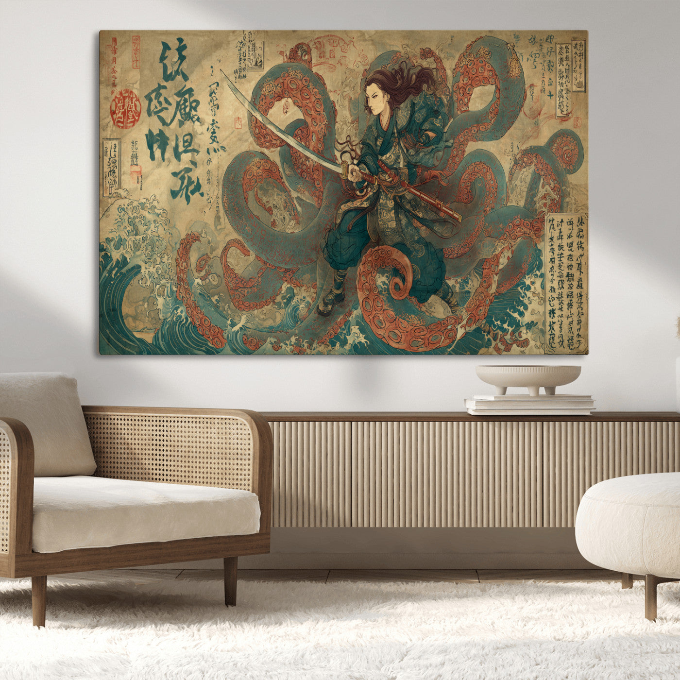 Tsukioka Yoshitoshi Samurai Wall Art Print, Japanese Katana Warrior Canvas Wall Art, Octopus Sea Monster Canvas Print,