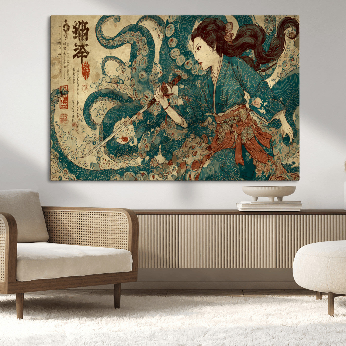 Tsukioka Yoshitoshi Samurai Wall Art Print, Japanese Katana Warrior Canvas Wall Art, Octopus Sea Monster Canvas Print,