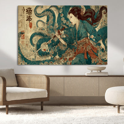 Tsukioka Yoshitoshi Samurai Wall Art Print, Japanese Katana Warrior Canvas Wall Art, Octopus Sea Monster Canvas Print,