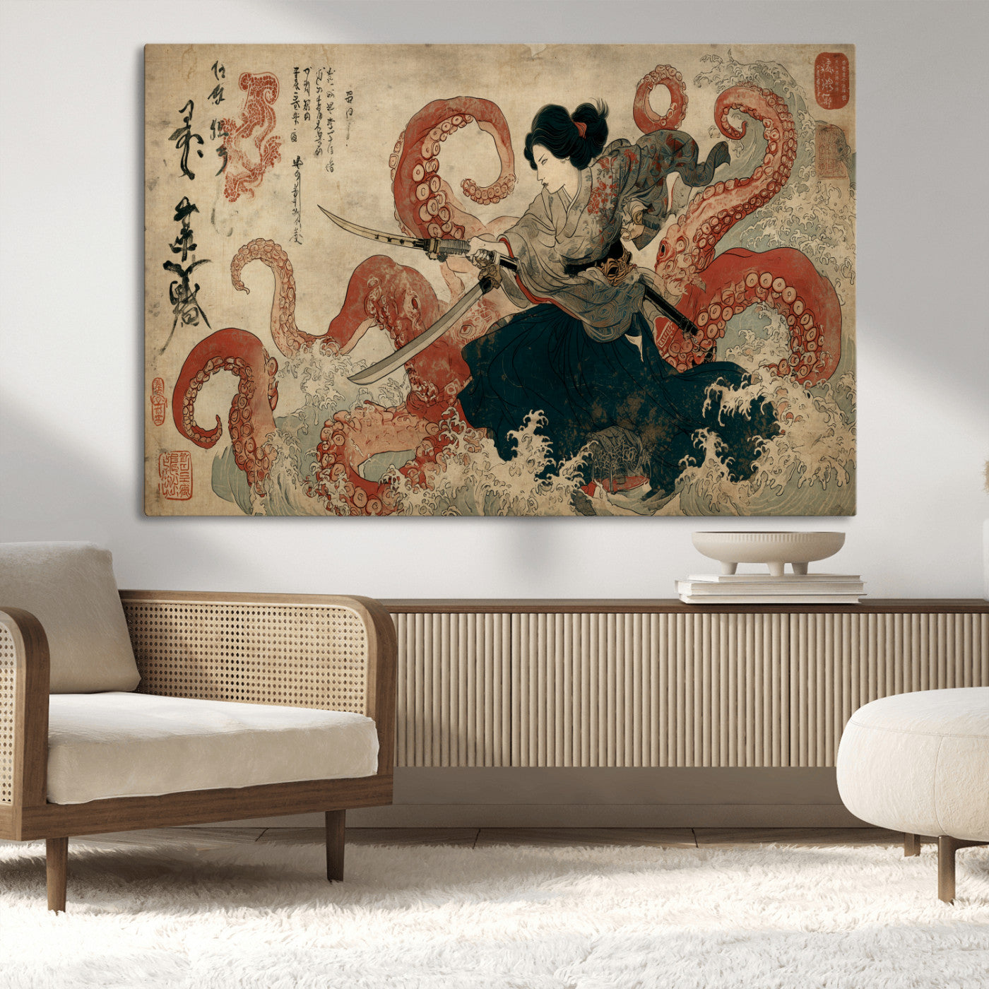 Tsukioka Yoshitoshi Samurai Wall Art Print, Japanese Katana Warrior Canvas Wall Art, Octopus Sea Monster Canvas Print,