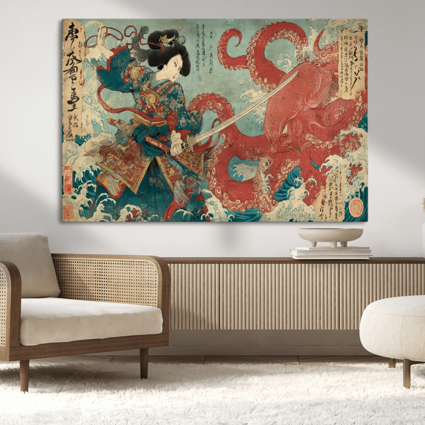 Tsukioka Yoshitoshi Samurai Wall Art Print, Japanese Katana Warrior Canvas Wall Art, Octopus Sea Monster Canvas Print,