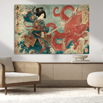 Tsukioka Yoshitoshi Samurai Wall Art Print, Japanese Katana Warrior Canvas Wall Art, Octopus Sea Monster Canvas Print,
