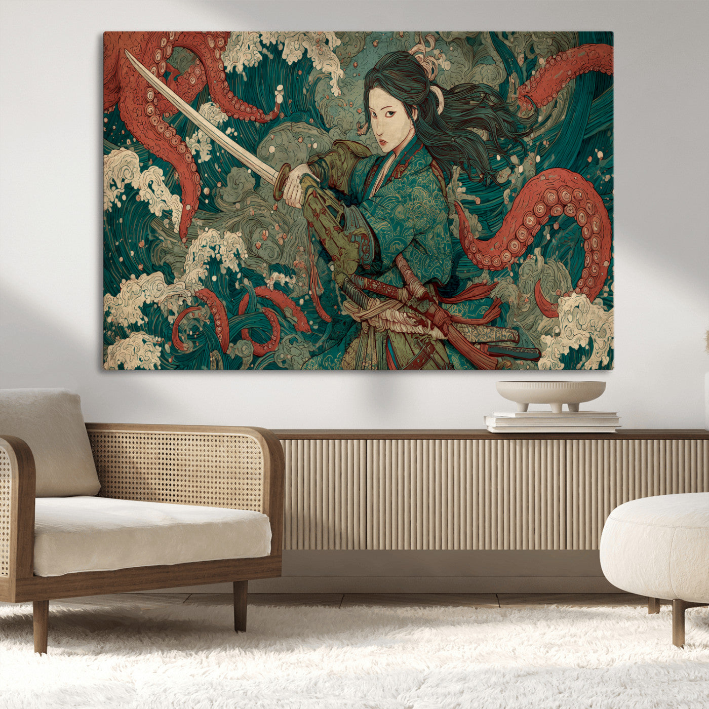 Tsukioka Yoshitoshi Samurai Wall Art Print, Japanese Katana Warrior Canvas Wall Art, Octopus Sea Monster Canvas Print,