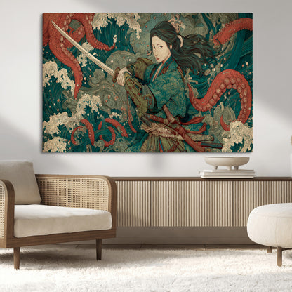 Tsukioka Yoshitoshi Samurai Wall Art Print, Japanese Katana Warrior Canvas Wall Art, Octopus Sea Monster Canvas Print,