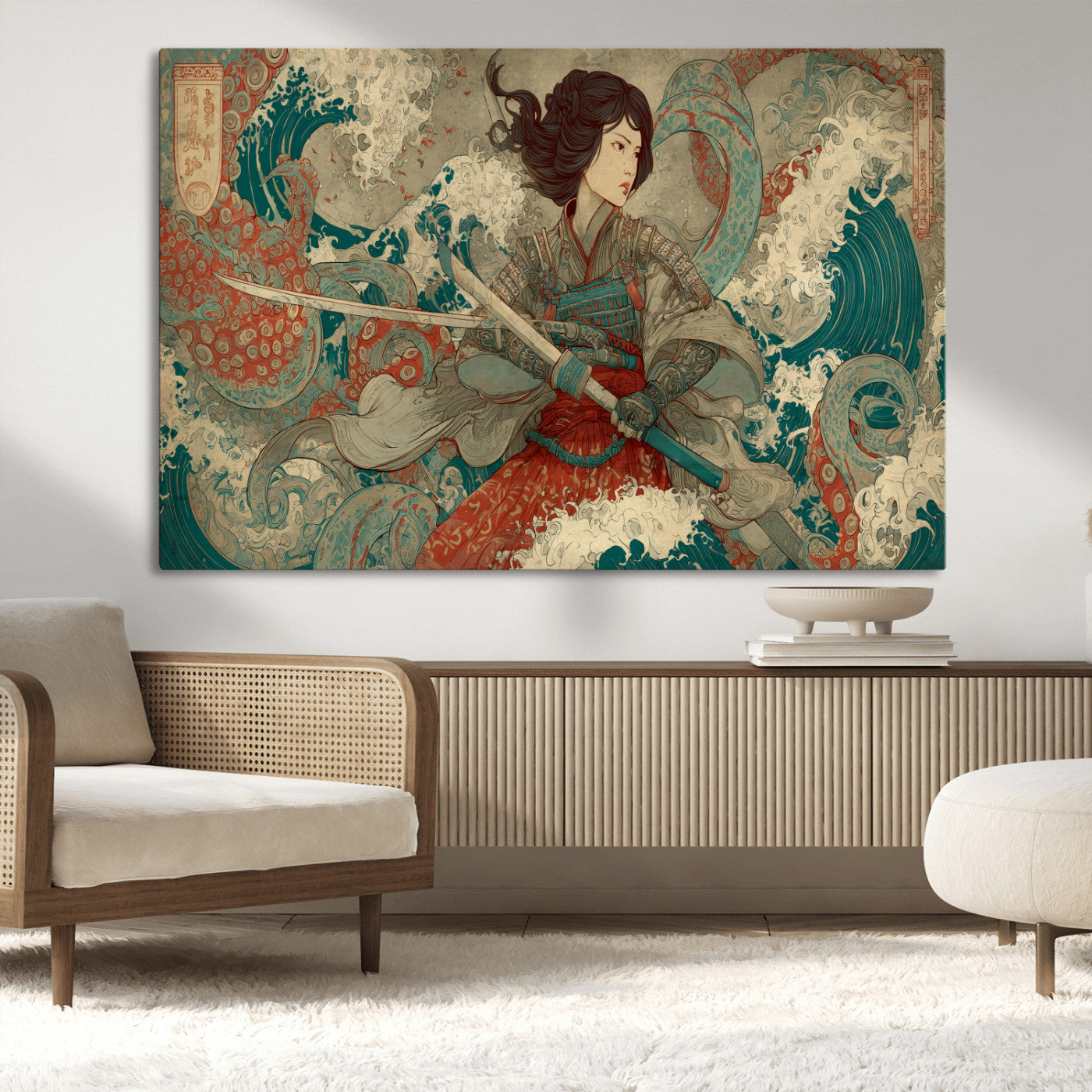 Tsukioka Yoshitoshi Samurai Wall Art Print, Japanese Katana Warrior Canvas Wall Art, Octopus Sea Monster Canvas Print,