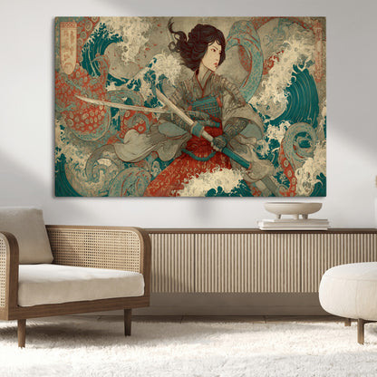 Tsukioka Yoshitoshi Samurai Wall Art Print, Japanese Katana Warrior Canvas Wall Art, Octopus Sea Monster Canvas Print,