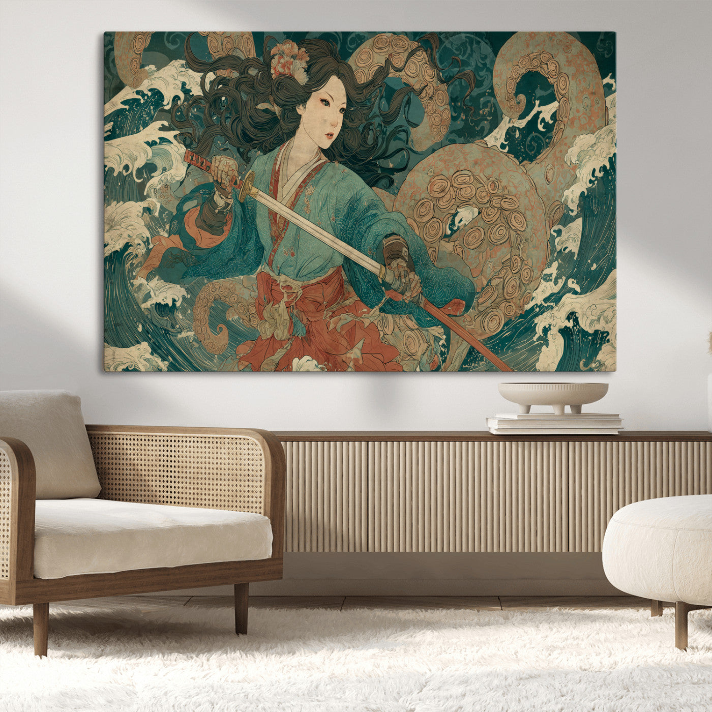 Tsukioka Yoshitoshi Samurai Wall Art Print, Japanese Katana Warrior Canvas Wall Art, Octopus Sea Monster Canvas Print,