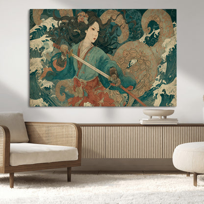 Tsukioka Yoshitoshi Samurai Wall Art Print, Japanese Katana Warrior Canvas Wall Art, Octopus Sea Monster Canvas Print,