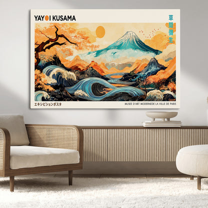 Modern Japanese-style art print featuring a stylized Mount Fuji, flowing waves, and vibrant landscapes in bold colors, inspired by traditional and contemporary aesthetics.