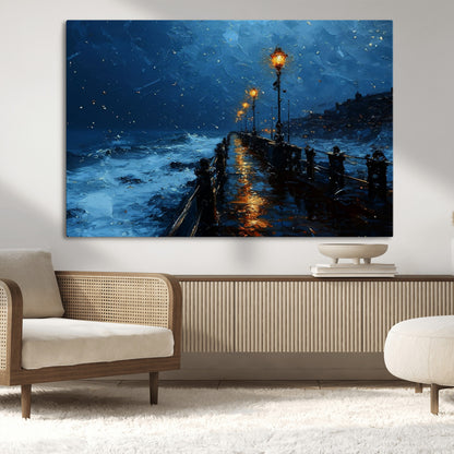 "Impressionistic painting of a rainy pier at night with glowing street lamps reflecting on the wet surface, ocean waves crashing under a dark blue sky."