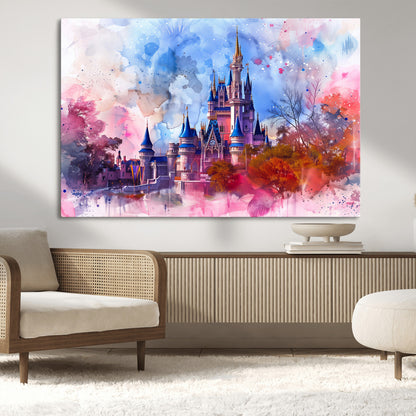 Watercolor canvas of a dreamy Disney-style castle in pastel pink and blue tones, perfect for fairytale or whimsical home decor.
