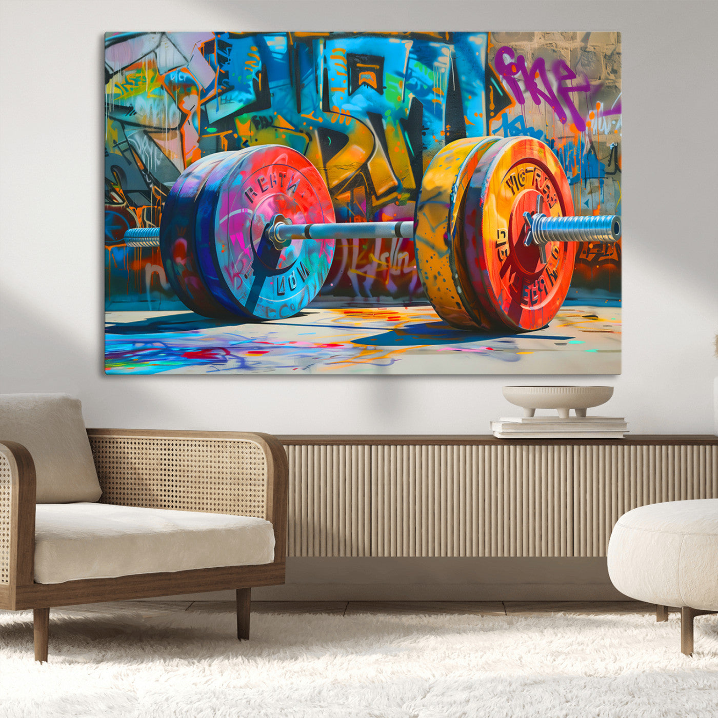 Colorful Barbell Wall Art Canvas Print, Framed Street Gym Art Picture Print, Graffiti Workout Perfect Urban Fitness Decor Artwork