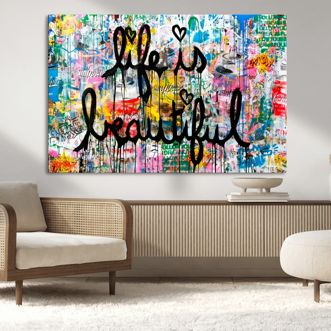Colorful urban-style canvas with graffiti text “Life is Beautiful” in black paint, ideal for bold or street-themed home decor.