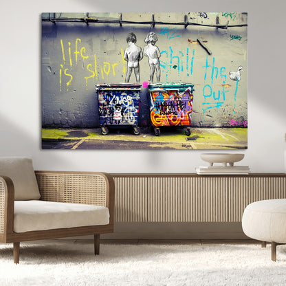 Graffiti-style canvas art with bold text and two naked figures over urban dumpsters, ideal for edgy or street-style decor.