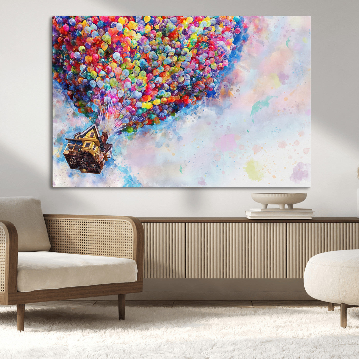 Whimsical canvas of the house from the movie Up flying with colorful balloons, ideal for Pixar or animation-themed decor.
