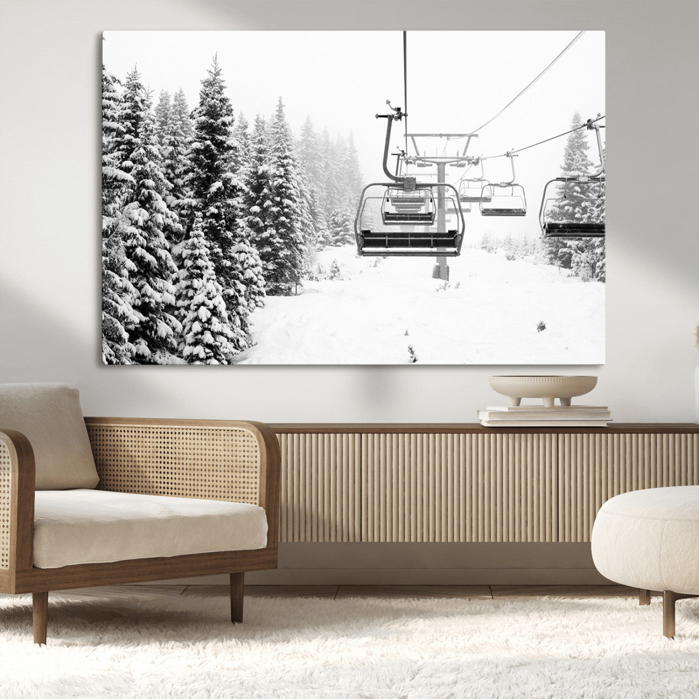 Black and white canvas of empty ski lifts over a snowy pine forest, perfect for minimal winter or ski lodge-inspired decor.