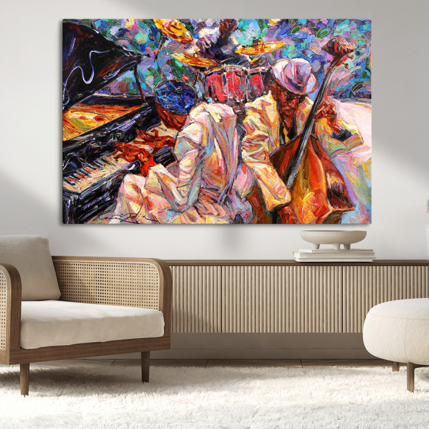 Vibrant oil painting of a jazz band with piano, saxophone, and bass, ideal for colorful and expressive music-themed home decor.