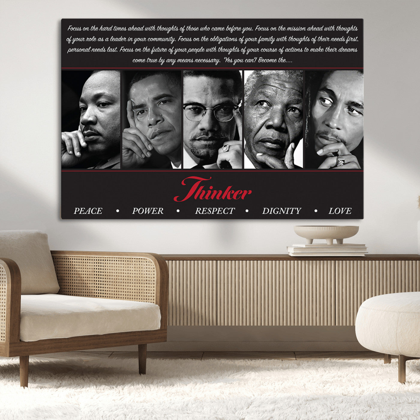 Monochrome canvas of iconic Black leaders with a powerful quote, perfect for modern spaces with a cultural or motivational theme.