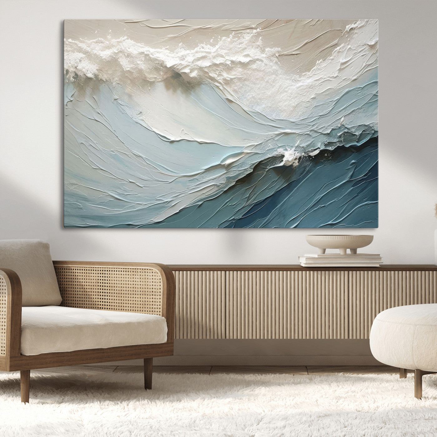Textured canvas of ocean waves in soft coastal blues and creamy whites, ideal for modern or minimalist coastal-style interiors.