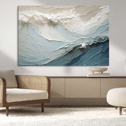 Textured canvas of ocean waves in soft coastal blues and creamy whites, ideal for modern or minimalist coastal-style interiors.