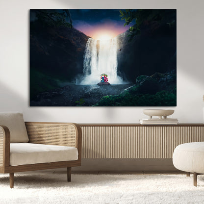 Romantic scene of Stitch and Angel sitting under a leaf in front of a glowing waterfall, ideal for tropical or fantasy-themed decor.